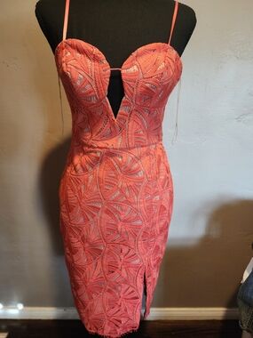 Aidan Mattox Coral Lace Plunge Midi Dress